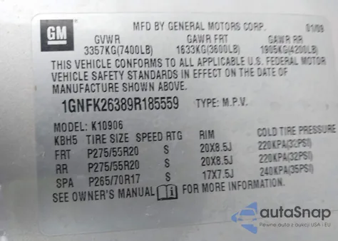 2009 Chevrolet Suburban 1500 Lt2 z USA, uszkodzony, nr VIN 1GNFK26389R185559